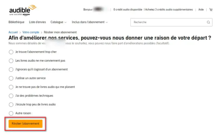 Appuyez sur le bouton Résilier l'abonnement