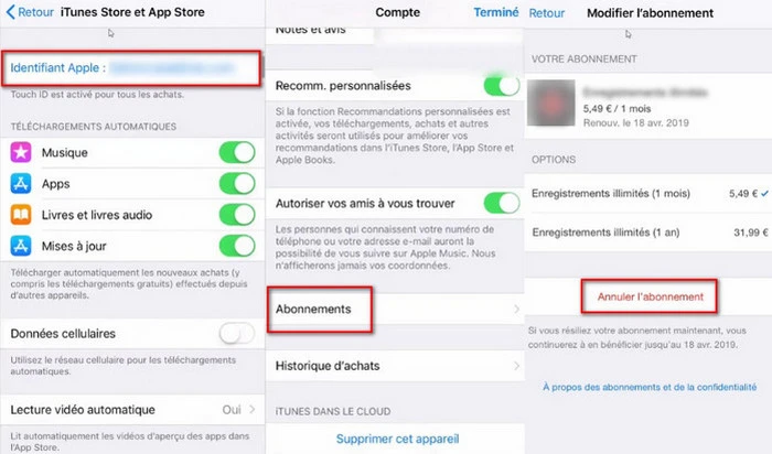 Appuyez sur Annuler l'abonnement via Réglages