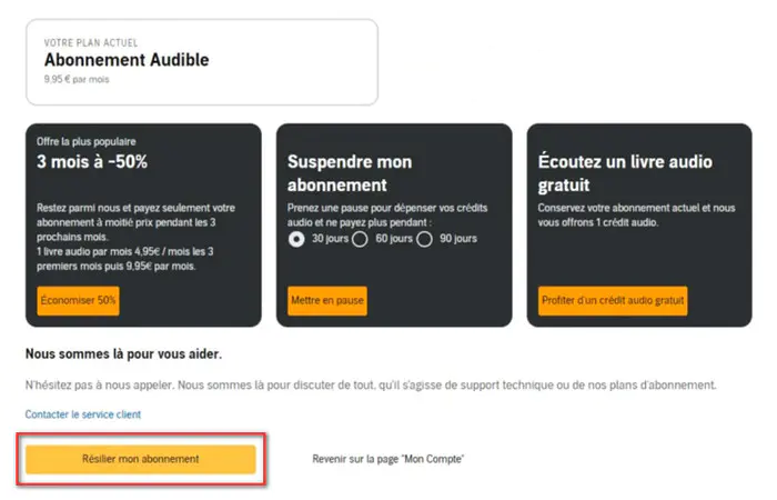 Confirmez pour résilier l'abonnement Audible
