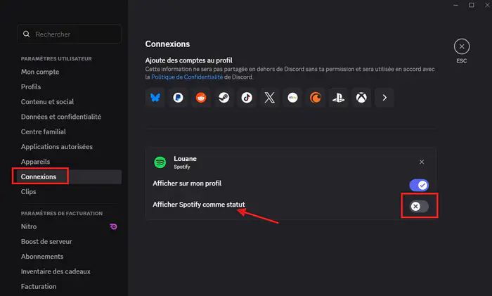 Désactiver Afficher Spotify comme statut